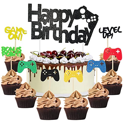 MEZHEN Glitter Tortendeko Videospiel Kuchen Deko Geburtstag Game On Kuchen Toppers Gaming Muffin Deko Torte Happy Birthday Kindergeburtstag Deko 25 Stück von MEZHEN