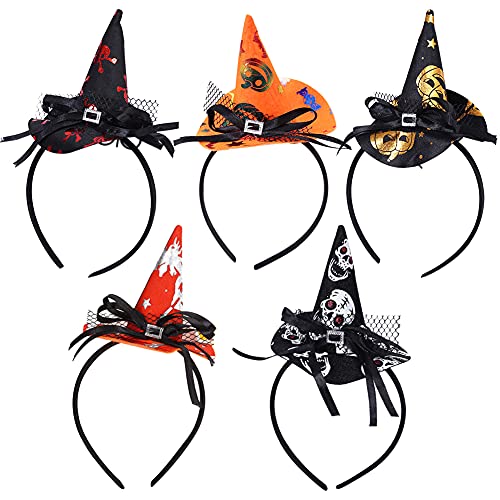 MEZHEN Haarschmuck Halloween Hexenhut Haarreif Skelett Spinnen Stirnband Hexen Kopfschmuck Kinder Damen Haarreifen Halloween Party Deko Haarband für Gruselparty Karneval Cosplay Zubehör 5 Stück von MEZHEN