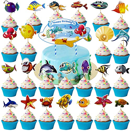 MEZHEN Meerestier Tortendeko Delfin Kuchen Deko Geburtstag Hai Kuchen Toppers Muffin Deko Torte Hippocampus Tropischer Fisch Kindergeburtstag Deko 25 Stück von MEZHEN