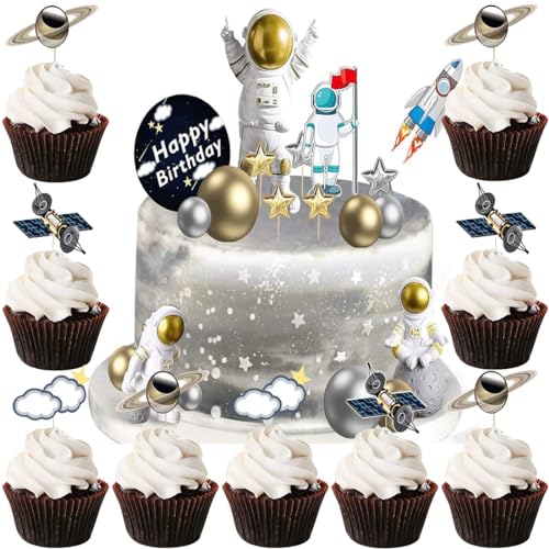 MEZHEN Astronauten Tortendeko Geburtstag Kuchen Deko Astronaut Figuren Kuchendekoration Weltraum Geburtstag Kuchen Happy Birthday Cupcake Toppers für Kindergeburtstag Torte Deko 28 Stück von MEZHEN