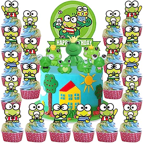 MEZHEN Tortendeko Frosch Kuchen Deko Geburtstag Cake Topper Happy Birthday Cupcake Topper Frosch Tortenaufleger Tiere Kindergeburtstag Deko Torte Dschungel Party Kuchendeko Geburtstagsdeko 32 Stück von MEZHEN