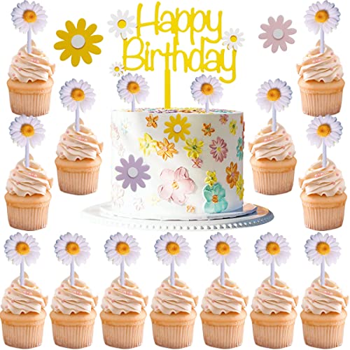 MEZHEN Tortendeko Gänseblümchen Kuchen Deko Blumen Torte Deko Geburtstag Cake Topper Happy Birthday Kuchendeko Boho Sommerparty Geburtstagsparty Deko Kuchen Topper von MEZHEN