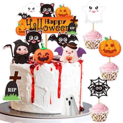 MEZHEN Tortendeko Halloween Kuchen Deko Kürbis Torte Deko Happy Halloween Cake Topper Ghost Kuchendeko Halloween Decoration Muffin Kuchen Topper von MEZHEN