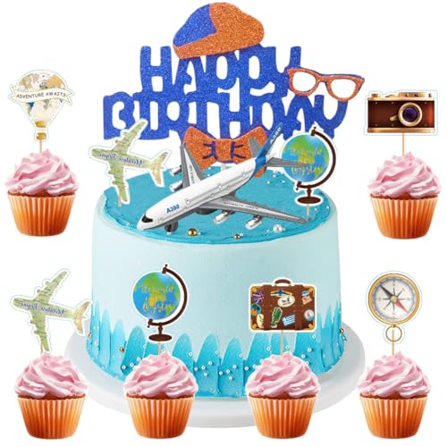 MEZHEN Tortendeko Reise Geburtstag Kuchen Deko Abenteuer Reise Torte Deko Happy Birthday Cupcake Topper Flugzeug Kuchendeko Kindergeburtstag Tortendekoration für Abenteuer Erwartet Reisen Themed Party MEZHEN Tortendeko Reise Geburtstag Kuchen Deko Abenteuer Reise Torte Deko Happy Birthday Cupcake Topper Flugzeug Kuchendeko Kindergeburtstag Tortendekoration für Abenteuer Erwartet Reisen Themed Party von MEZHEN