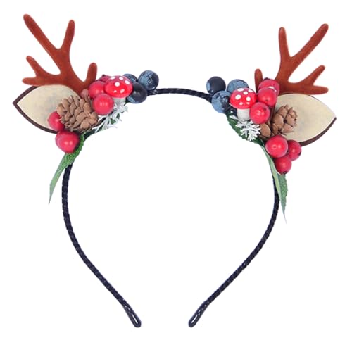 MEZHEN Weihnachten Stirnband Weihnachts Kopfschmuck Rentiergeweih Blumenkrone Haarreifen Geweih Tannenzapfen Rote Beere Haarschmuck Stirnbänder Hörner Haarband Mädchen Weihnachtsfeier Karneval Cosplay von MEZHEN