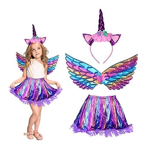 MEZOOM 3 Stück Einhorn Kostüm Prinzessin Set, Mädchen Einhorn Haarreif Flügel mit Tutu Rock Kinder Regenbogen Unicorn Cosplay Kostüme für Halloween Einhornparty Kindergeburtstag (3-9 Jahre) von MEZOOM