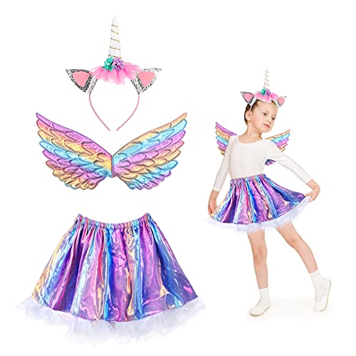 MEZOOM 3 Stück Einhorn Kostüm Prinzessin Set, Mädchen Einhorn Haarreif Flügel mit Tutu Rock Kinder Regenbogen Unicorn Cosplay Kostüme für Halloween Einhornparty Kindergeburtstag (3-9 Jahre) von MEZOOM