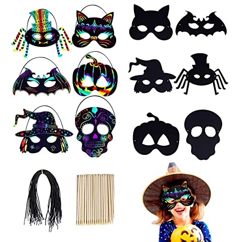 Scratch Art Masken für Kinder teiliges Halloween-Kratzmasken Kratzbilder Masken Scratch Art Masken, 6 Maske Unbemalt,Tiere Kratzbilder Masken Set mit Gummiband und Holzstift für Party, Karneval von MFCGHXR