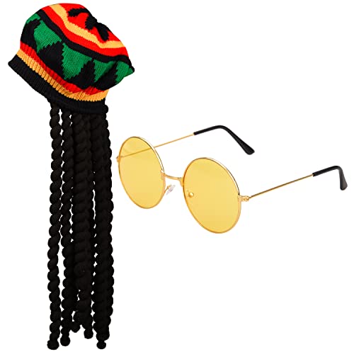 MFUOE 2er-Pack Rasta-Set Rasta-Hut mit schwarzen Dreadlocks-Perücken und gelber Brille, Karibik-Kostüm von MFUOE