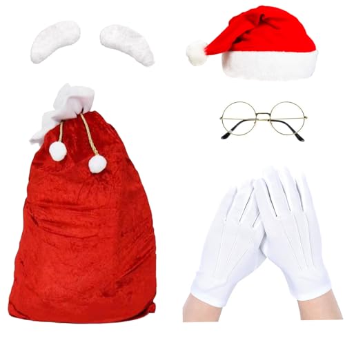 MFUOE 5-teiliges Weihnachtsmann-Kostüm-Zubehör-Set, roter Samt, Geschenkbeutel, Taschen, Brillen, Hüte, Augenbrauen und Handschuhe, Weihnachten, Cosplay, Partyzubehör für Erwachsene von MFUOE