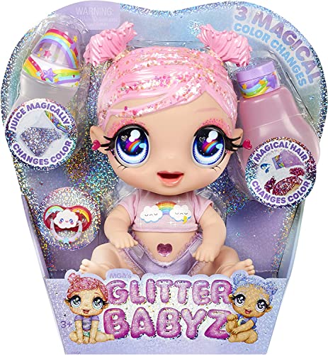 Glitter Babyz MGA DREAMIA Stardust - Babypuppe mit 3 magischen Farbwechseln durch eiskaltes Wasser, Rosa Glitzer-Haar, Regenbogen-Outfit, Windel, Flasche und Schnuller - Für Kinder ab 3 Jahren von MGA Entertainment