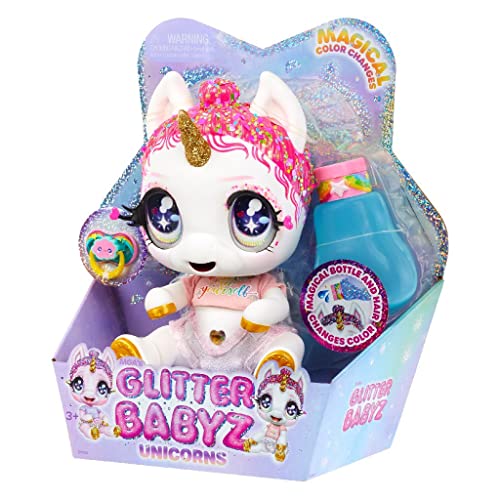 Glitter Babyz MGA Einhorn Baby-Puppe - LUNITA SKY - Mit magischen Farbwechseln, rosa Glitzerhaar, Believe in Yourself Outfit, Windel, Shampoo-Flasche & Schnuller - Für Kinder ab 3 Jahren von MGA Entertainment