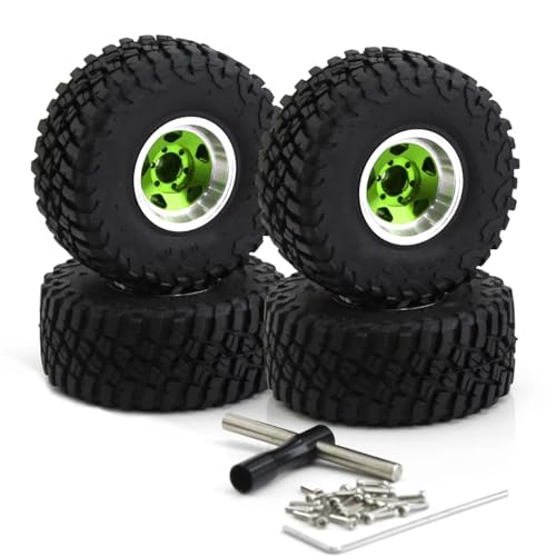 MGHGFYTAS RC Reifen Kompatibel Mit Axial Für SCX24 Für TRX4M Für FCX24 1/18 1/24 RC Crawler Teile 4 Stücke 57mm Metall 1,0 "Beadlock Felge Gummi Reifen Set(Green) von MGHGFYTAS