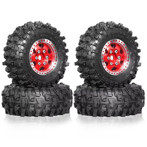 MGHGFYTAS RC Reifen Kompatibel Mit TRX4M Für SCX24 AX24 Für FCX24 1/18 1/24 RC Crawler Autoteile Zubehör 51 Mm 1,0 Zoll Metall-Beadlock-Rad-Reifen-Set 4-teilig(Red) von MGHGFYTAS