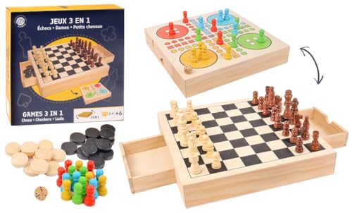 MGM GAMES - 3 Spiele in 1 - Dame, Schach und kleine Pferde - Gesellschaftsspiel - 140713-2 bis 6 Spieler - Brettspiel - Familie - Kinder Spielzeug - Geschenk - 30 cm x 30 cm - Ab 6 Jahren von MGM GAMES