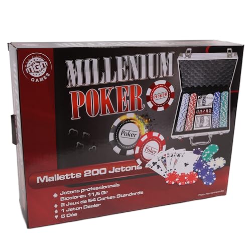 MGM GAMES - Pokerchip-Koffer mit 200 Jetons - Mehrfarbig - 140200 - Kartenspiel - Metall - 2 bis 6 Spieler - Spielkarten - Gesellschaftsspiele - 11,5 g - 30 cm x 21 cm von MGM GAMES