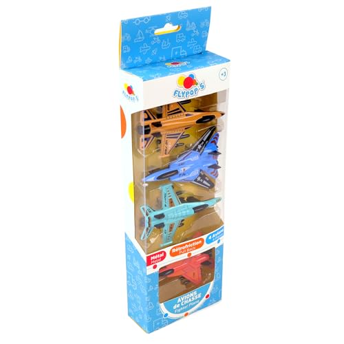 FLYPOP'S - 4 Kampfflugzeuge - DIE CAST - 027713 - Zufällige Farbe - Metall - Rückziehfahrzeug - Kinderspielzeug - Geschenk - Geburtstag - 10 cm - Ab 3 Jahren von FLYPOP'S