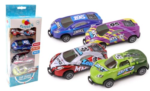 FLYPOP'S - 4 Autos Crash Racing - Reibungsfahrzeug - 022887 - Mehrfarbig - Metall - Kinderspielzeug - Geschenk - Miniatur - Fahrzeug - 9 cm - Ab 3 Jahren von FLYPOP'S