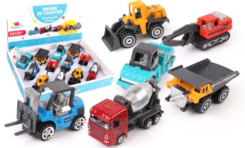 FLYPOP'S - Pack mit 12 Baufahrzeugen - DIE CAST - 023884PA Metall - Freilaufende Räder - Kinderspielzeug - Geschenk - Freilaufende Fahrzeuge - Kirmes - 8 cm - Ab 3 Jahren von FLYPOP'S