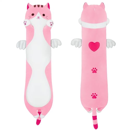 MIAOHAHA Langes Plüschtier, Katzenkissen, niedliches Plüsch-Katzenspielzeug, Puppe, Stofftier, Katze, Umarmungskissen zum Schlafen, Geschenk für Kinder und Mädchen (Rosa, 110 cm) von MIAOHAHA