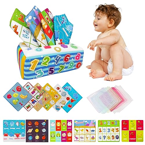 MIERINO Montessori Spielzeug, Sensorik Baby Dinosaurier Tissue Box, enthalten Farbiges Tuch Sensorisches ab 6 7 8 9 10 Monate Mädchen Junge, Sensorisches Lernspielzeug, knisterspielzeug von MIERINO