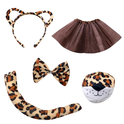 MIFKLMV 5 PCS Leoparden Kostüm Set, Inklusive Leopardengesichts Leopardenohren Fliege Schwanz Tutu Rock, Tierkostüm Set für Kinder Karneval Cosplay von MIFKLMV