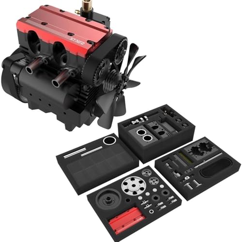 MIGEDY Motor ST-NF2 Modellbausatz, Mini-Metall-Reihen-Doppelzylinder-Viertaktmotor for Auto, Simulation dynamisches Heimwerken for Bauen – Rot von MIGEDY