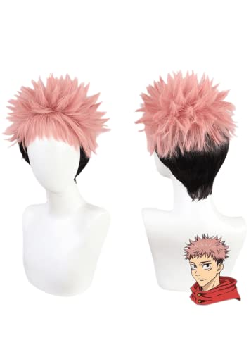 Anime Jujutsu Kaisen Cosplay Perücke, Itadori Yuji Perücke, Rosa Schwarz Kurzhaar Rollenspiel Perücken mit Perücke Cap, für Halloween Kostüm Party von MIGUOO