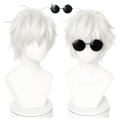 Anime Jujutsu Kaisen Satoru Gojo Cosplay Perücke, Silber Weiß Kurzhaar Perücken, Für Halloween Kostüm Party Auf Brille Perücke Cap von MIGUOO