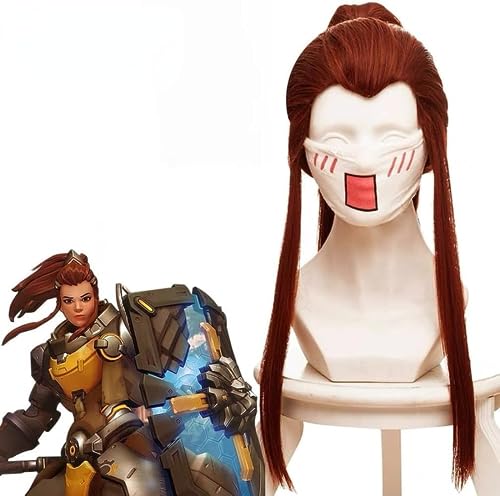 Anime Overwatch Brigitte Lindholm Cosplay Perücke, Rot-braun Langer Pferdeschwanz Doppel Flauschige Hitzebeständige Kunsthaar Perücke Mit Freier Perücke Cap, Für Halloween Kostüm Party von MIGUOO