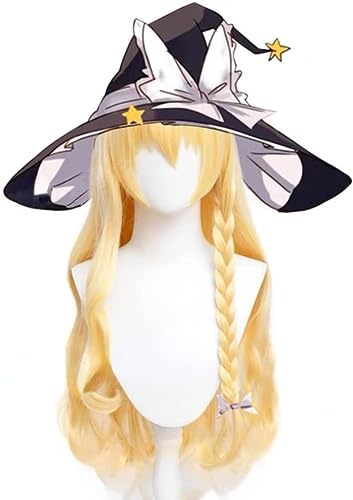 Anime Touhou Projekt Cosplay Perücke, Hellblonde Zopf Langes Haar Für Kirisame Marisa Rollenspiel Perücken Mit Perücke Cap, Für Halloween Kostüm Party von MIGUOO