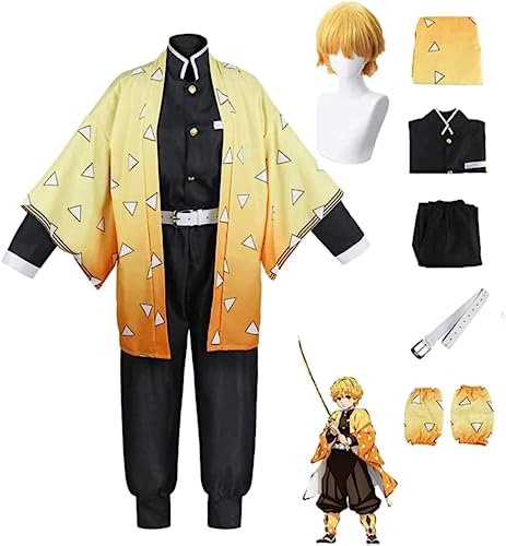 MIGUOO Anime Agatsuma Zenitsu Halloween Cosplay Kostüm Party Outfit Kimono Uniform mit Perücke (Set+Wig,XS) von MIGUOO