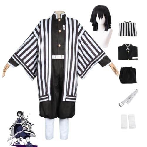 MIGUOO Anime Iguro Obanai Cosplay Outfit Halloween Party Kimono Streifen Uniform Volles Set Mit Perücke (Full Set,L) von MIGUOO