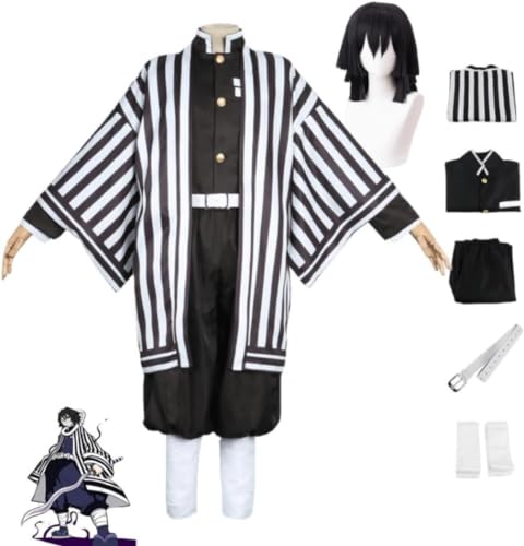 MIGUOO Anime Demon Slayer Iguro Obanai Cosplay Outfit Halloween Party Kimono Streifen Uniform Volles Set mit Perücke (Full Set,M) von MIGUOO