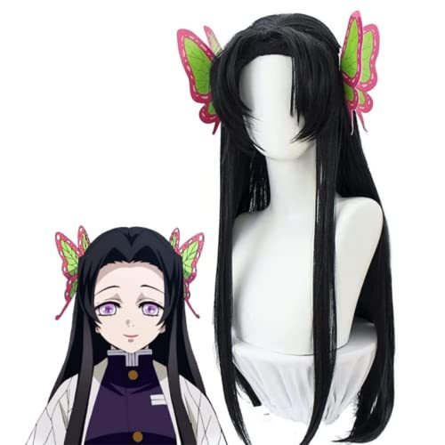 MIGUOO Anime Demon Slayer Kochou Kanae Cosplay Perücke, Schwarze Lange Gerade Haar Perücke Halloween Kostüm Party Rollenspiel Mit 2 Schmetterling Headwear von MIGUOO