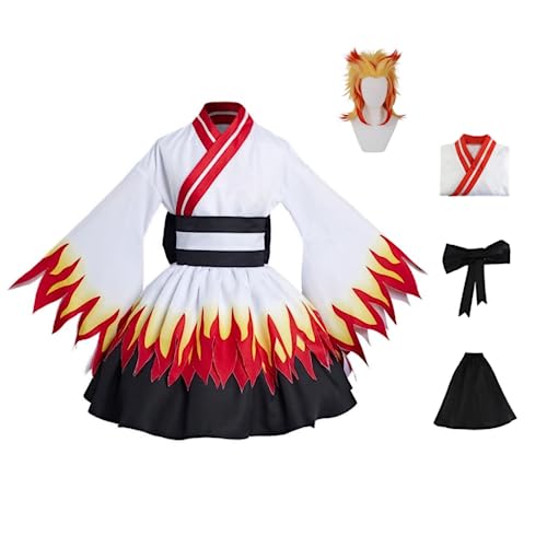 Anime Demon Slayer Rengoku Kyoujurou Halloween Cosplay Kostüm Party Outfit Kimono Maid Kleid mit Perücke (Rengoku,3XL)Anime Demon Slayer Rengoku Kyoujurou Halloween Cosplay Kostüm Party Outfit Kimono von MIGUOO