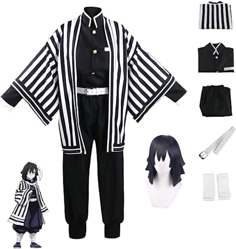 MIGUOO Anime Iguro Obanai Halloween Cosplay Kostüm Party Outfit Kimono Streifen Uniform Mit Perücke (Obanai,L) von MIGUOO