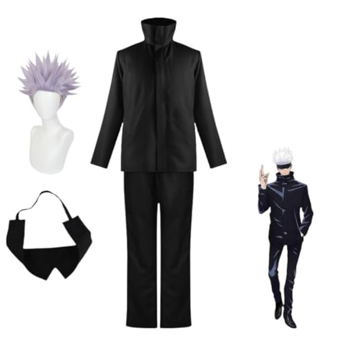 MIGUOO Anime Jujutsu Kaisen Satoru Gojo Cosplay Outfit Halloween Party Uniform Kostüm Mit Perücke (Black,L) von MIGUOO