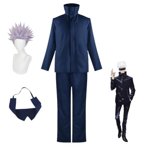 MIGUOO Anime Jujutsu Kaisen Satoru Gojo Cosplay Outfit Halloween Party Uniform Kostüm Mit Perücke (Blue,L) von MIGUOO