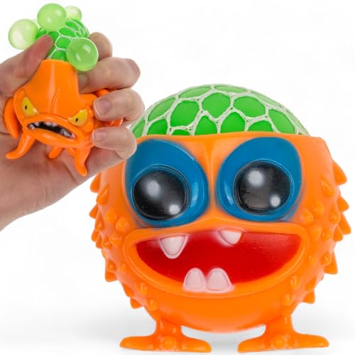 Bunter Antistressball im Netz – Quetschball Spielzeug, Sensorik, Stressabbau für Groß & Klein, Büro & Schule (Monster Orange) von MIJOMA