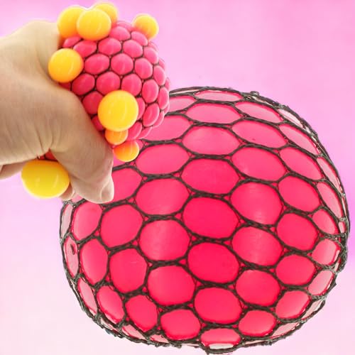 Bunter Antistressball im Netz – Quetschball Spielzeug, Sensorik, Stressabbau für Groß & Klein, Büro & Schule (Pink-Gelb) von MIJOMA