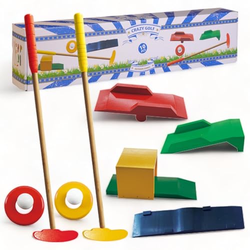 MIJOMA 10-teiliges Minigolf-Set aus Holz, perfekt für Garten und Outdoor, Kinder und Erwachsene. Komplettset mit 2 Schlägern, 4 Hindernissen, 2 Zielringen und 2 Golfbällen von MIJOMA