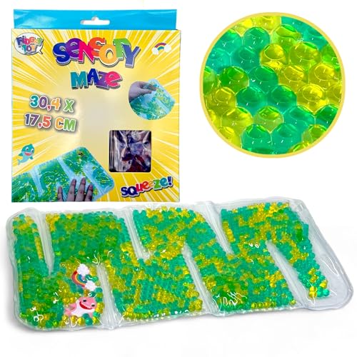 MIJOMA Antistress-Sensory-Maze-Spielzeug, Gel-gefülltes Fidget-Squishy mit Buntem Flüssigkeitsperlen-Labyrinth für Entspannung, Stressentlastung und Konzentrationsförderung, 35x17.5 cm (gelb-grün) von MIJOMA