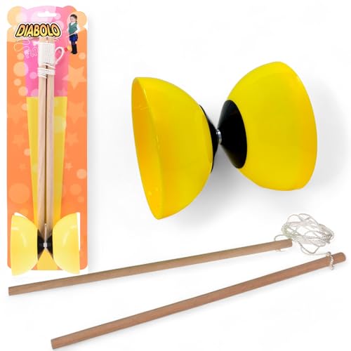 MIJOMA Diabolo Jonglierset – 2 Holzstäbe & weiches Kunststoffdiabolo – Kompaktes Outdoor Spiel für Kinder & Erwachsene – Perfekt für Koordination & Geschicklichkeit (Gelb) von MIJOMA