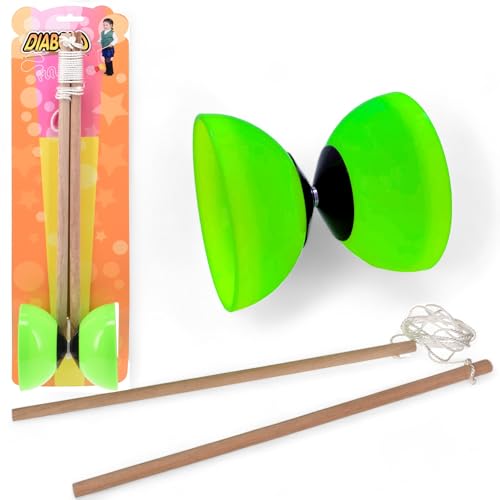 MIJOMA Diabolo Jonglierset – 2 Holzstäbe & weiches Kunststoffdiabolo – Kompaktes Outdoor Spiel für Kinder & Erwachsene – Perfekt für Koordination & Geschicklichkeit (Grün) von MIJOMA