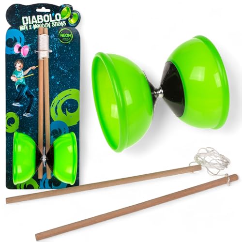 MIJOMA Diabolo Jonglierset – 2 Holzstäbe & weiches Kunststoffdiabolo – Kompaktes Outdoor Spiel für Kinder & Erwachsene – Perfekt für Koordination & Geschicklichkeit (Grün - Glow in The Dark) von MIJOMA