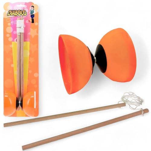 MIJOMA Diabolo Jonglierset – 2 Holzstäbe & weiches Kunststoffdiabolo – Kompaktes Outdoor Spiel für Kinder & Erwachsene – Perfekt für Koordination & Geschicklichkeit (Orange) von MIJOMA