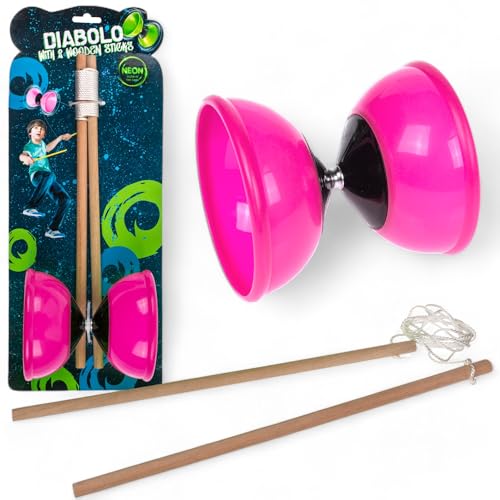 MIJOMA Diabolo Jonglierset – 2 Holzstäbe & weiches Kunststoffdiabolo – Kompaktes Outdoor Spiel für Kinder & Erwachsene – Perfekt für Koordination & Geschicklichkeit (Pink - Glow in The Dark) von MIJOMA