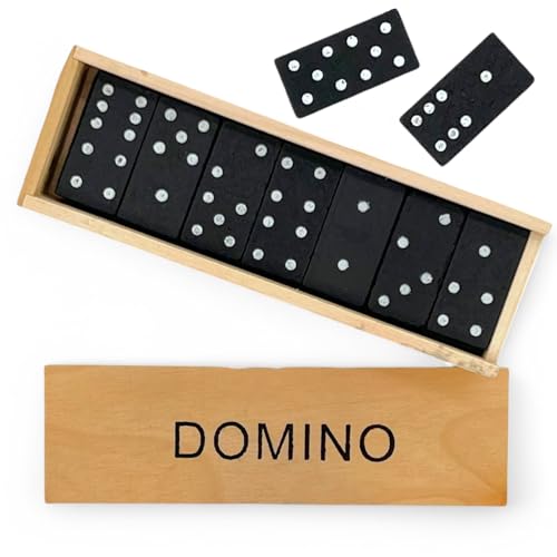 MIJOMA Holz Domino-Spiel – 28 Dominosteine mit klassischer Punkte-Markierung – In hochwertiger Holzbox – Familienspiel für Kinder & Erwachsene von MIJOMA