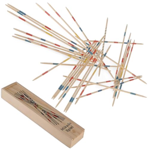 MIJOMA Holz Mikado-Spiel Pick-up-Sticks, in Holzbox, traditionelles Geschicklichkeitsspiel mit punktebasierter Markierung von MIJOMA